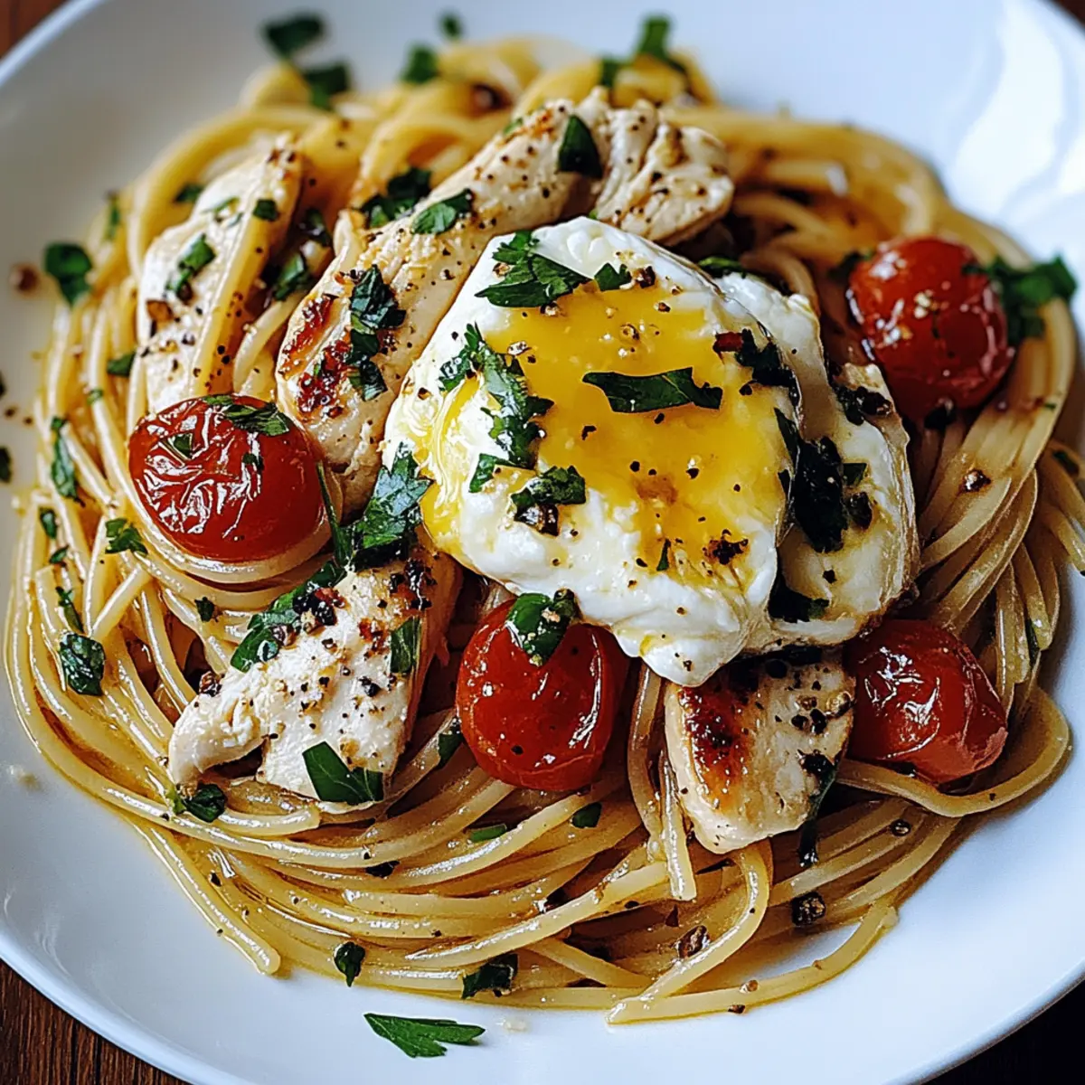 Chicken Spaghetti with Burrata and Lemon Butter Garlic Sauce
