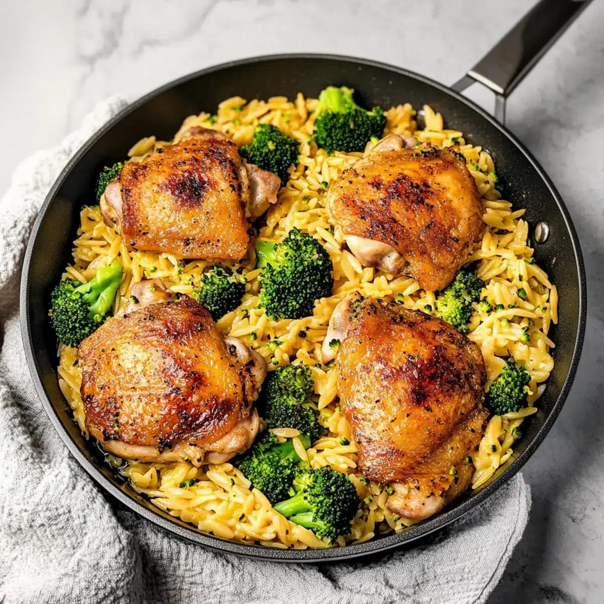 Skillet Chicken Thighs with Broccoli Cheddar Orzo