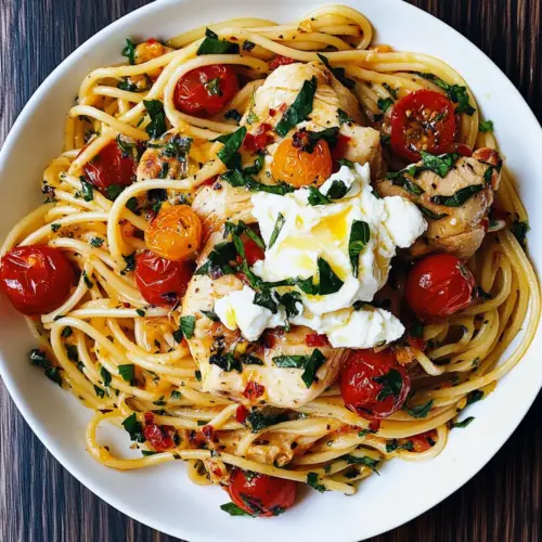 Chicken Spaghetti with Burrata and Lemon Butter Garlic Sauce