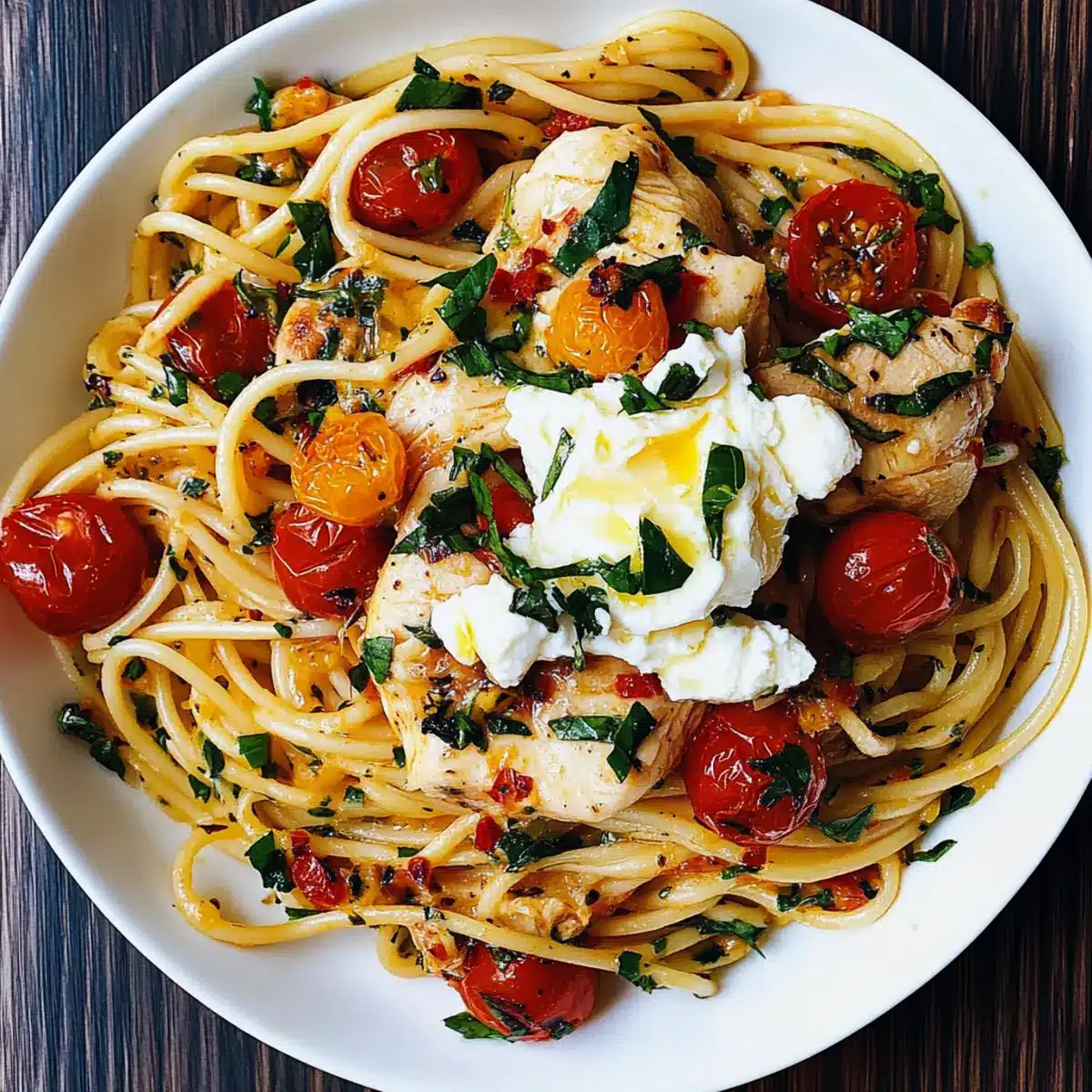 Chicken Spaghetti with Burrata and Lemon Butter Garlic Sauce